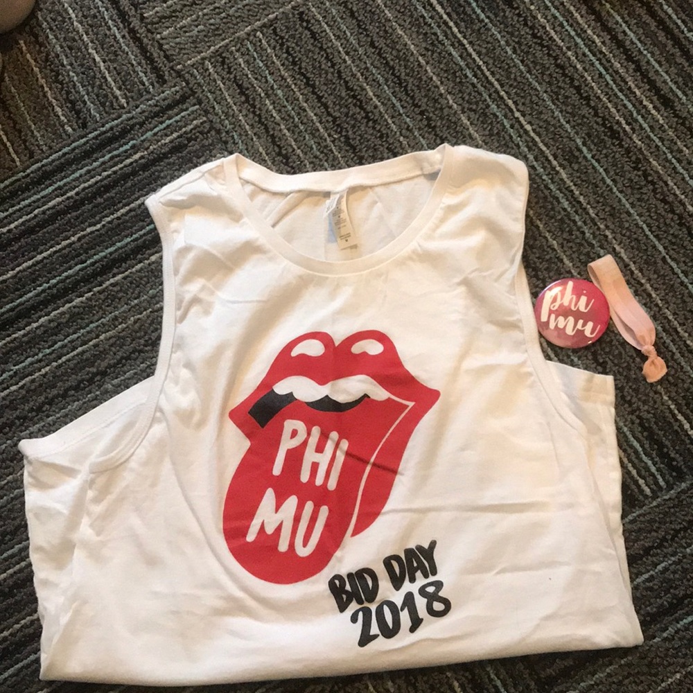 Phi Mu bid day 2018 tank top, button, and hair tie